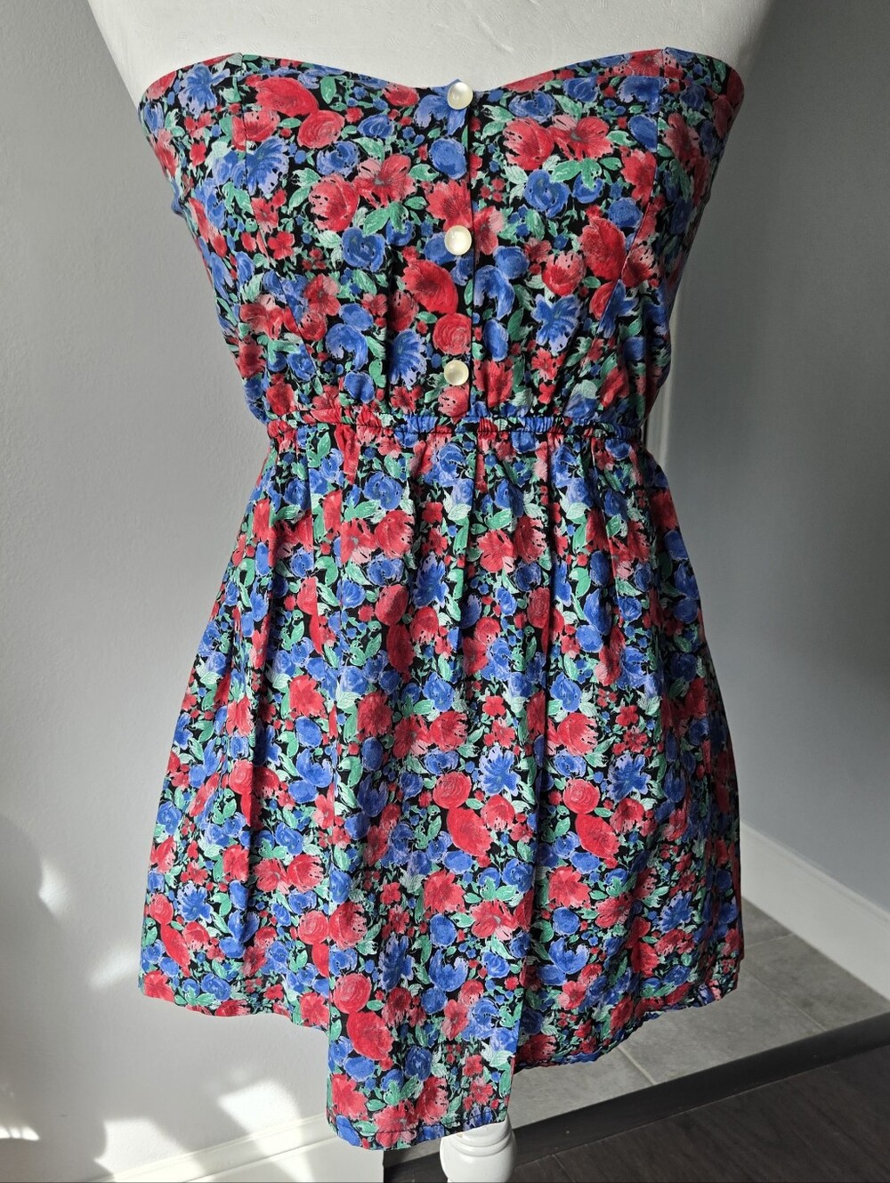 Vintage 80s 90s Alice Handmade in London Strapless Floral Mini Dress XS